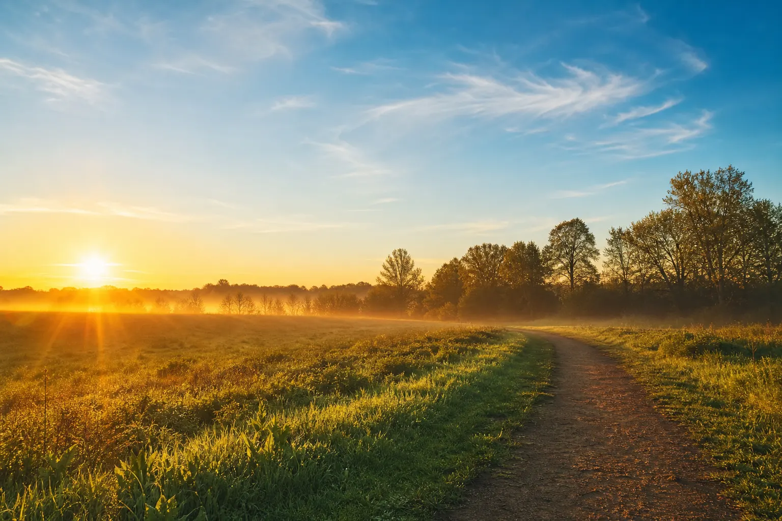 A bright sunrise lighting a grassy walking path near trees
